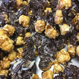German Chocolate Caramel is here! Dark chocolate and toasted coconut over homemade caramel corn