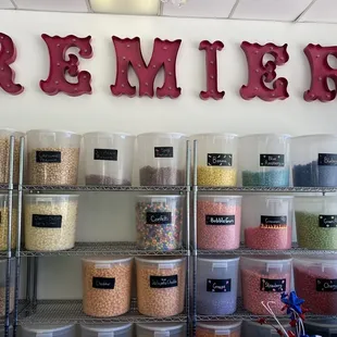 All the bins of popcorn...so many flavors to choose from.