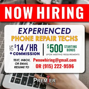 Now Hiring Experience Phone Repair Techs apply via email