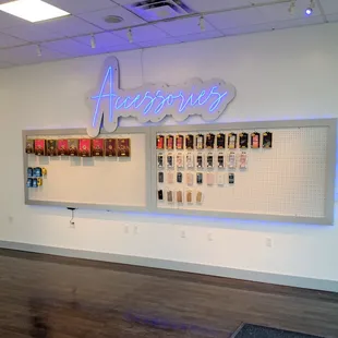 Cell phone accessory wall at the new Montana location.