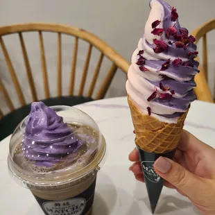 Hojicha latte with ube soft serve Rose and Ube soft serve swirl