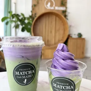 Matcha Ube Soft serve and Matcha Ube Latte