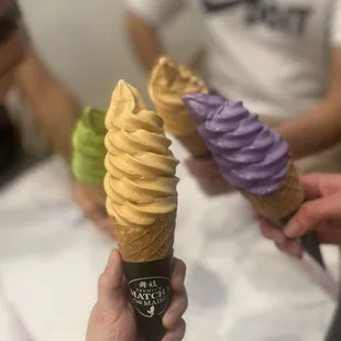 Green tea, Thai tee, and Ube soft serve