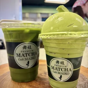 Iced matcha and Matcha Latte Float with matcha ice cream