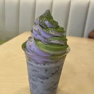 Black sesame latte float w/ matcha/ube soft serve