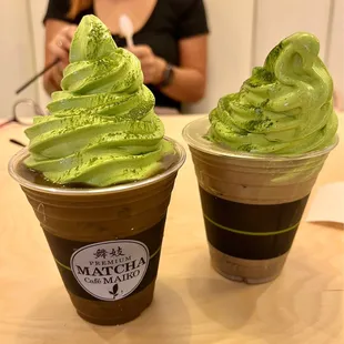 Left: Hojicha float with matcha soft serve. Right: Hojicha latte float (with milk!) with matcha soft serve.