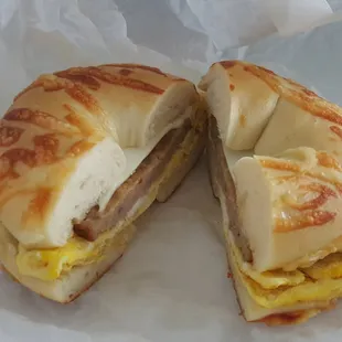 Sausage, Egg and Cheese on a Cheese Bagel