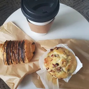 coffee, chocolate croissant, and banana walnut muffin!
