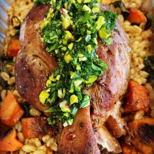 Braised Pork Shank, barley, pistachio gremolata