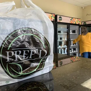 a grocery bag sitting on a counter