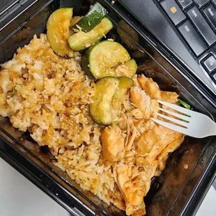 Salmon, zucchini, white rice with teriyaki sauce! Omg!
