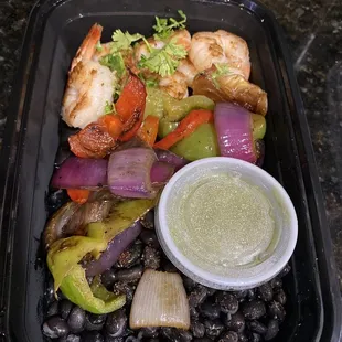 black beans, peppers, onions, and shrimp