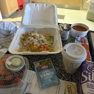 Pasta primavera, side salad, tomato soup