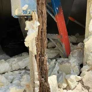 Crumbling studs seen from outside looking in