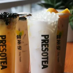 Mango Milk tea, Grass Jelly Milk Tea, Pudding Milk Tea, and Coconut Milk Tea