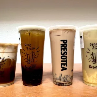 Presotea house coffee, passion fruit green tea w/ black pearl, earl grey milk tea w/ coffee jelly, hojicha milk tea w/ pudding