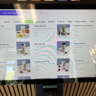 Milk tea menu