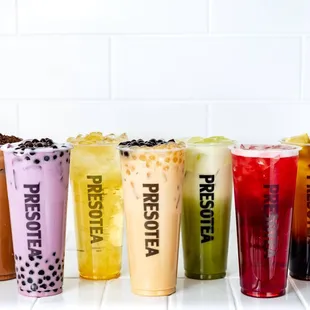 a row of bubble teas