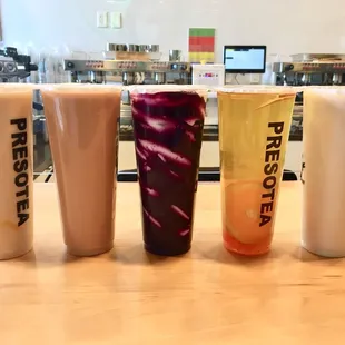 Pudding Milk Tea, Royal Earl Grey Milk Tea, Ume Latte, Signature Fruit Tea, &amp; White Peach Oolong Milk Tea