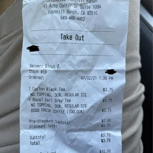 Receipt from today with time stamp and showing we only had two teas