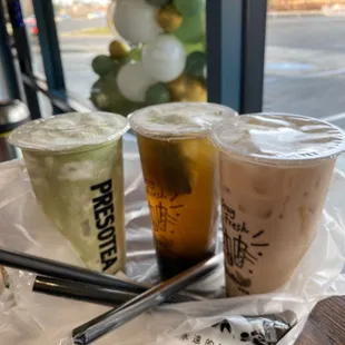 Matcha cloud, jasmine tea with tea bag, &amp; champagne milk tea