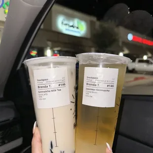 Genmaicha Milk Tea with grass jelly and Japanese Genmaicha tea with crystal boba
