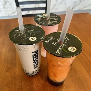 Hojicha Milk Tea &amp; Lychee Strawberry Slush &amp; Strawberry Mango Slush