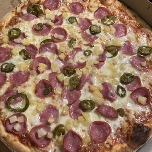 Hawaiian Pizza with jalapeños. Yum!
