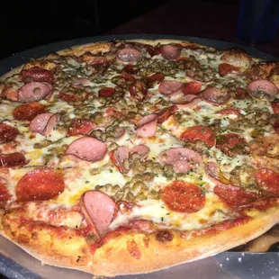 Large meat lovers pizza. It is great fresh, and reheats beautifully.