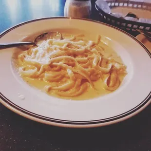 Lunch fettuccine alfredo. It doesn't look like much but it really is! I could only eat half before I got full. Very good.