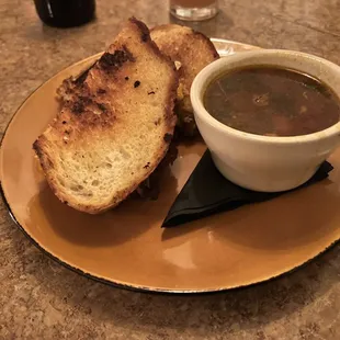 Beef stew and duck confit grilled cheese
