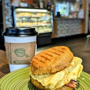 hot amaretto latte And  sweet potato biscuit with egg, cheese and bacon