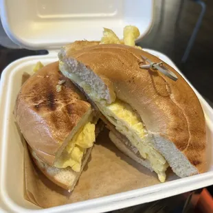 Egg and turkey sausage on a plain bagel