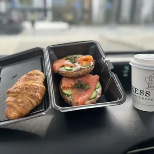 Almond croissant, salmon lox &amp; hot chai latte
