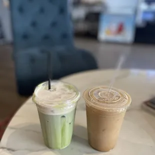 Matcha with strawberry cold foam &amp; iced vanilla latte