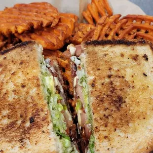 Caprese sandwich w sweet potato waffle fries