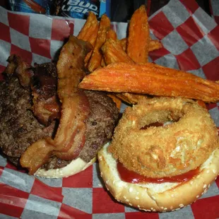 double bbq bacon burger w/ sweet potato wedges