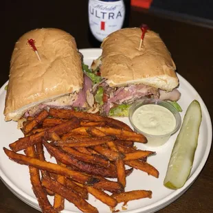 Pastrami sub with sweet potato fries