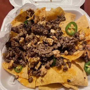 Steak and chicken nacho