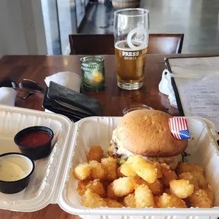 Burger,  fries and BEER