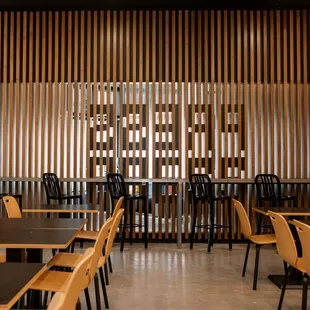 tables and chairs in a coffee shop