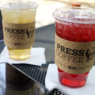 Hibiscus iced tea and white blueberry iced tea