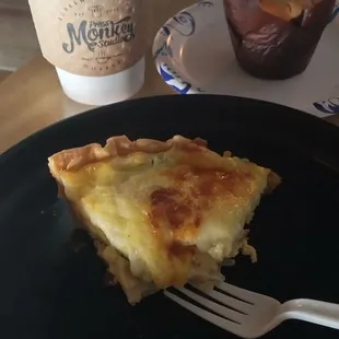 Spinach, Mushroom and Feta Quiche. Yum. Also, 12 oz. drip and a very cute carrot cake muffin.