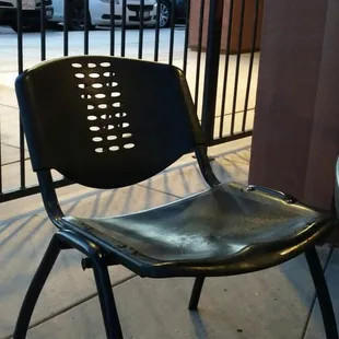 Patio chairs.  Ok if you&apos;re just having a drink, but not if you&apos;re eating.  They&apos;re far too reclined.