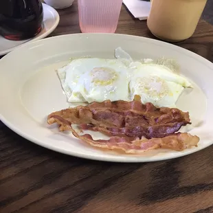 Eggs and bacon with the pancake plate.