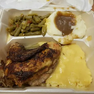 Wednesday roast chicken special over rice and gravy. Green beans and mashed potato sides.