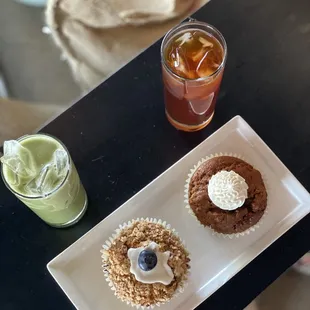 Matcha latte and cold brew with patties from rise Above they're vegan and delish!