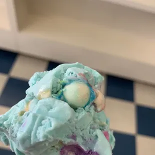 Bubble gum ice cream,  filled with pieces of bubble gum.........