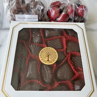 Milk chocolate covered gummy bears; Cherries, caramels, almonds;  18 piece truffle box