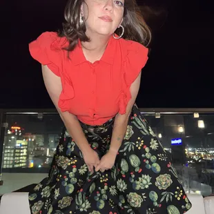 Cactus skirt with red ruffled shirt...also available in the fold over dress.